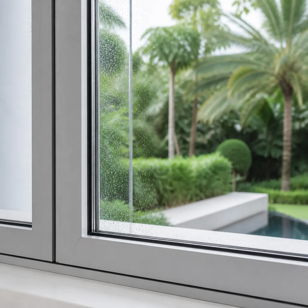 Modern aluminum window installation with a view of a lush garden